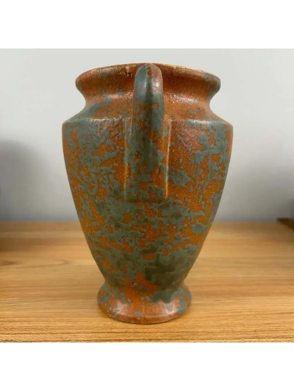 Burley WInter 1930s Vintage Art Pottery Mottled Green and Orange Handled Vase 45